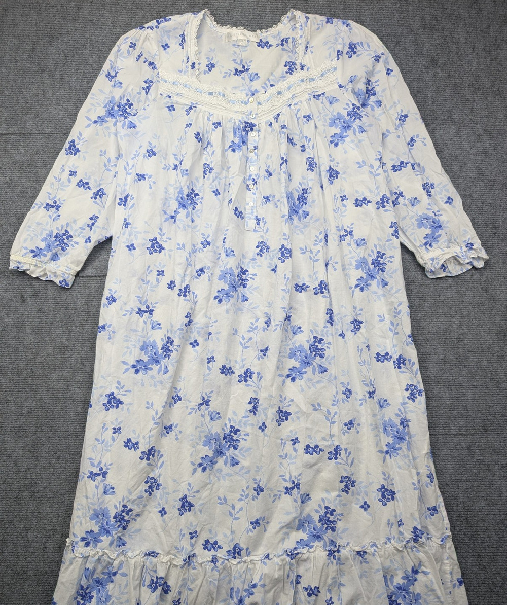 Eileen West Nightgown Womens XL Vintage Style Floral Cotton Blue Retro Cottage